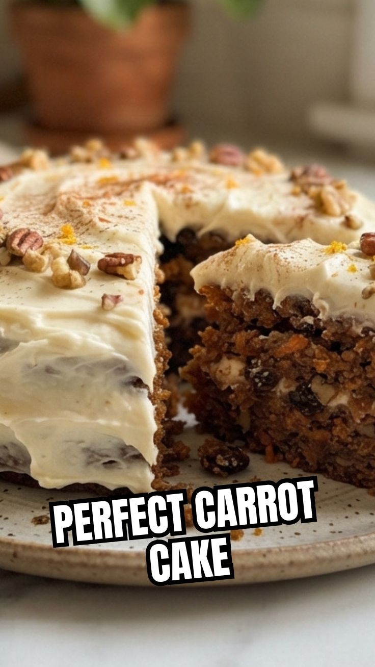 A freshly baked carrot cake with cream cheese frosting