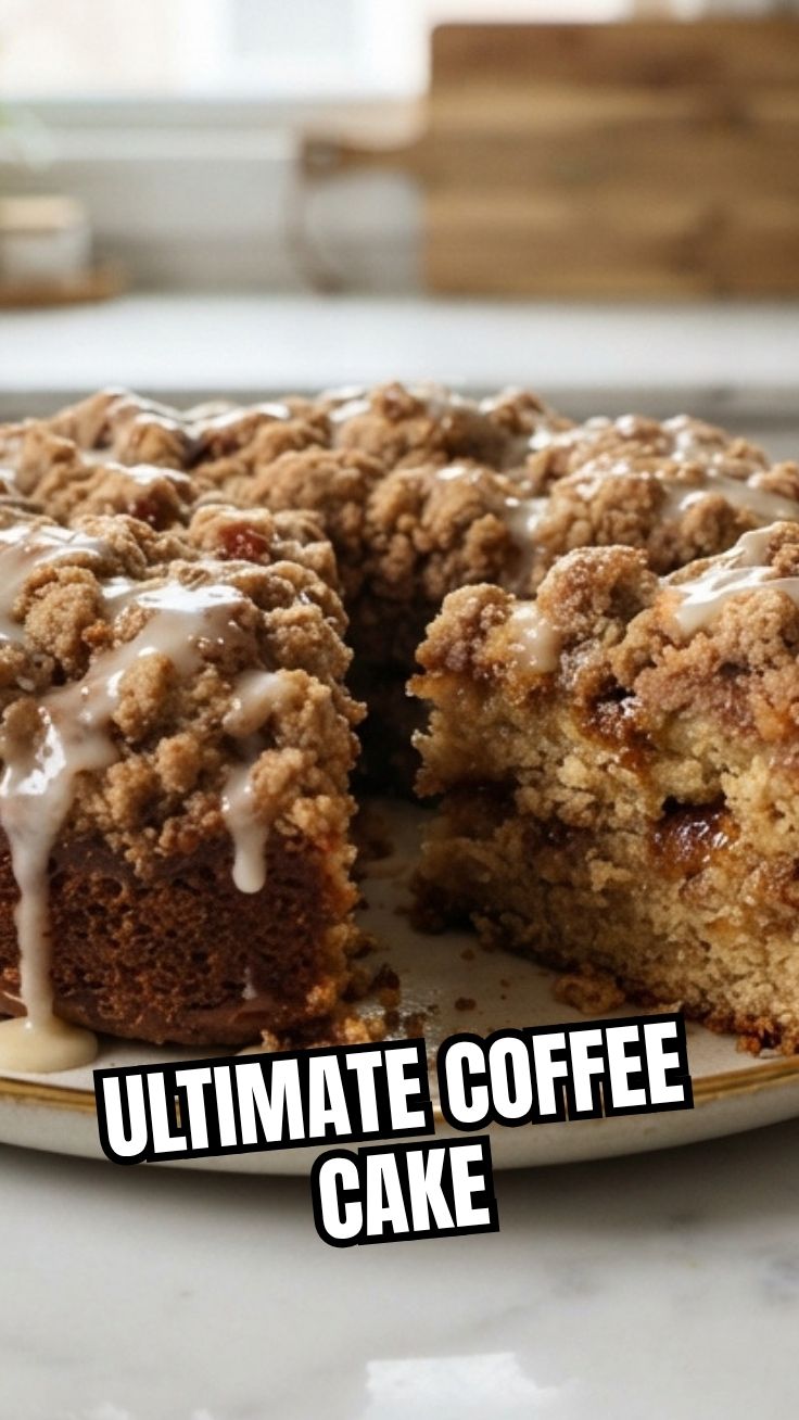 A freshly baked coffee cake with a streusel topping, ready to be served.