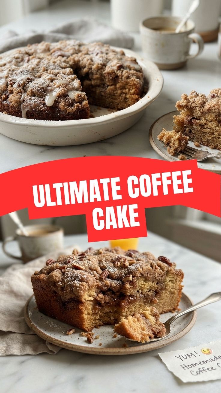 A freshly baked coffee cake with a streusel topping, ready to be served.