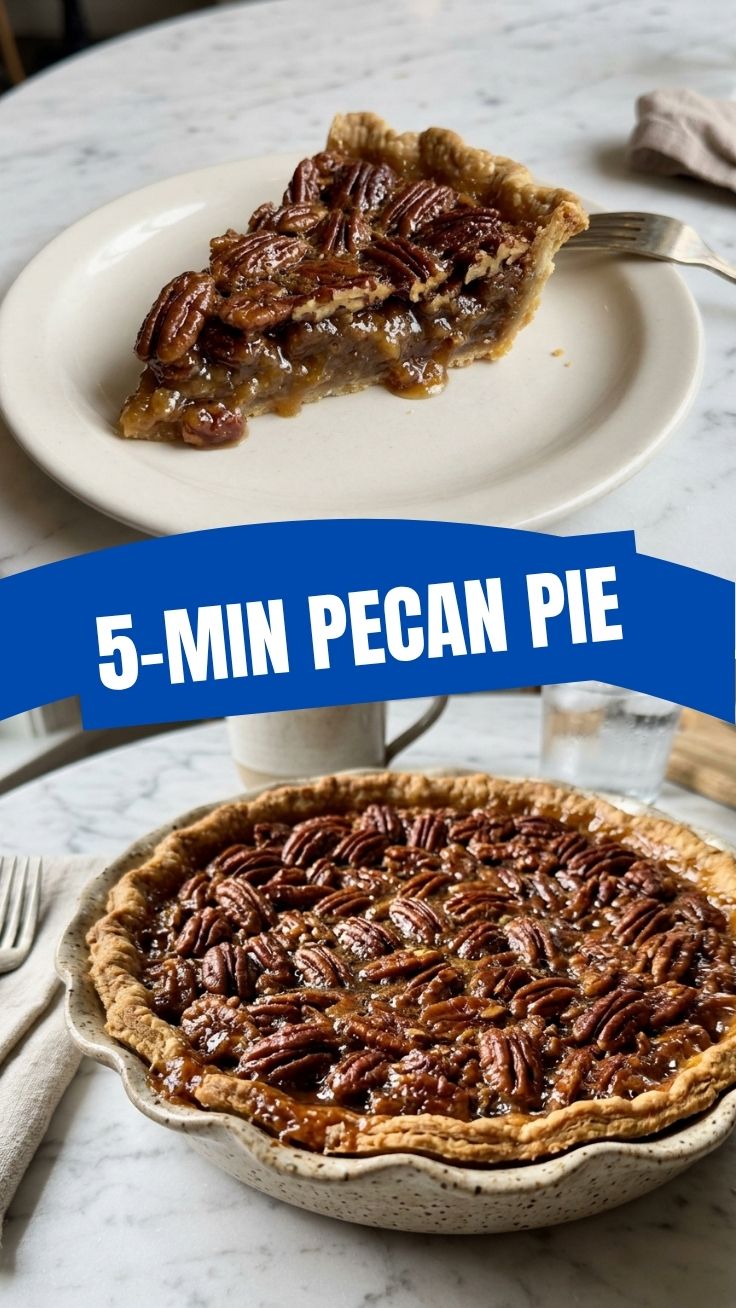 A full, golden-brown pecan pie on a white serving dish, freshly baked.
