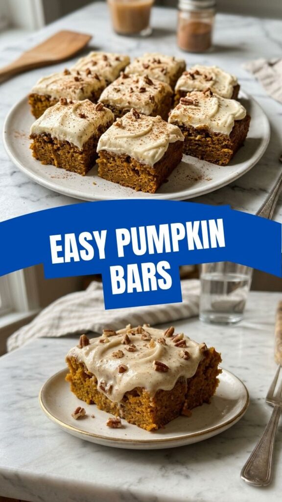 A plate of delicious pumpkin bars topped with cream cheese frosting