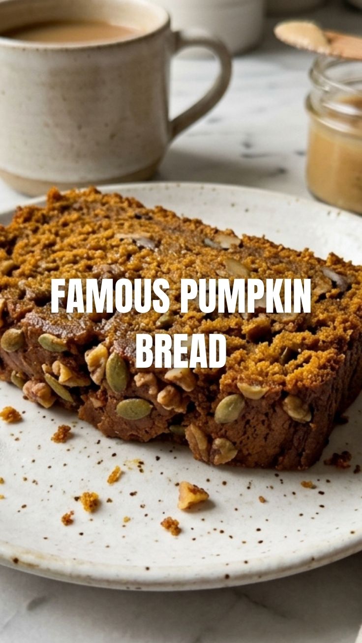 A freshly baked loaf of pumpkin bread on a cooling rack.