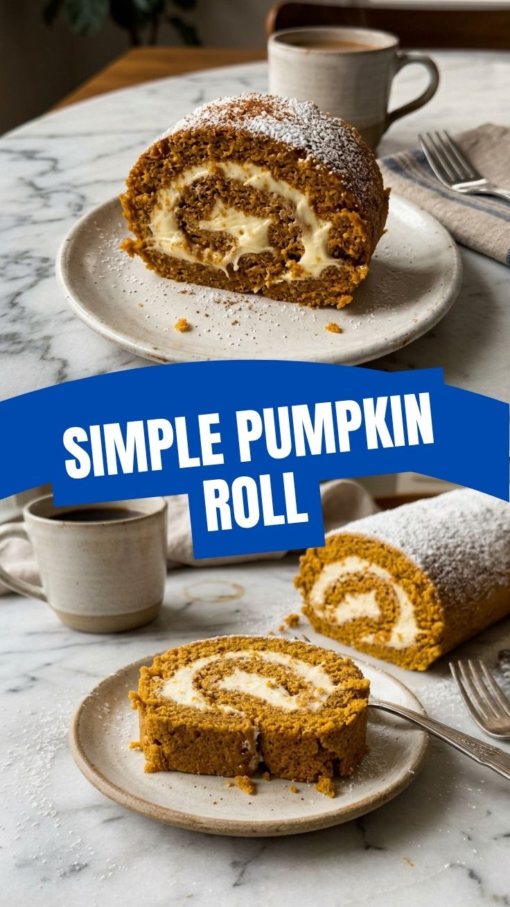 A freshly baked pumpkin roll with cream cheese frosting