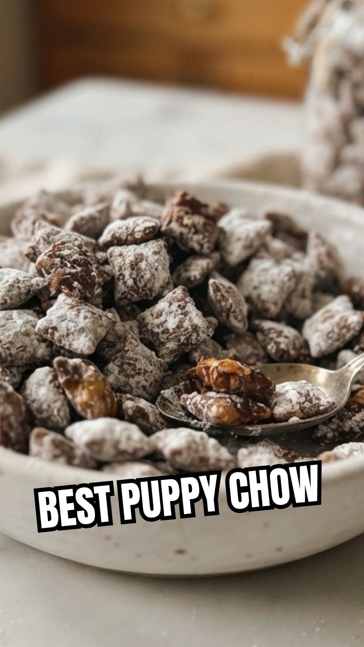 A close-up of a bowl filled with Puppy Chow, also known as Muddy Buddies, covered in powdered sugar.