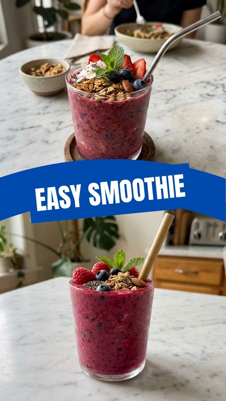 A colorful and refreshing smoothie in a glass with fruit garnishes.