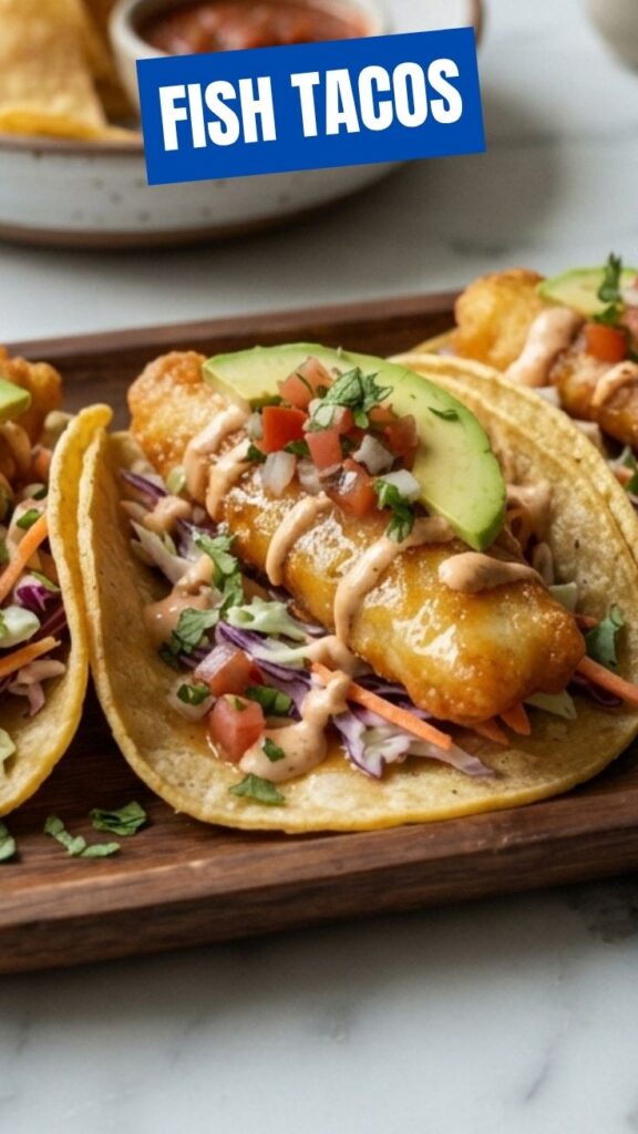 Several freshly prepared fish tacos with various toppings arranged on a platter.