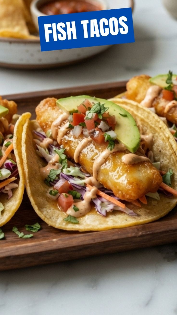 Several freshly prepared fish tacos with various toppings arranged on a platter.