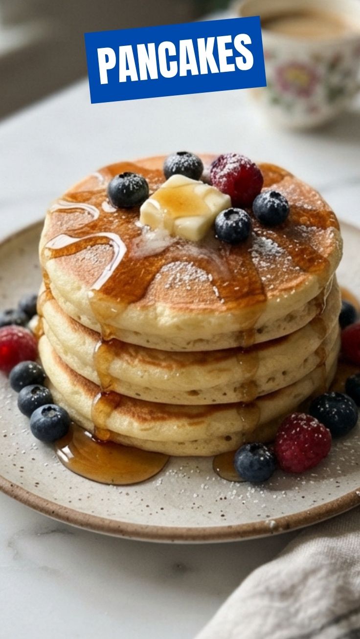 A stack of fluffy pancakes drizzled with syrup and butter