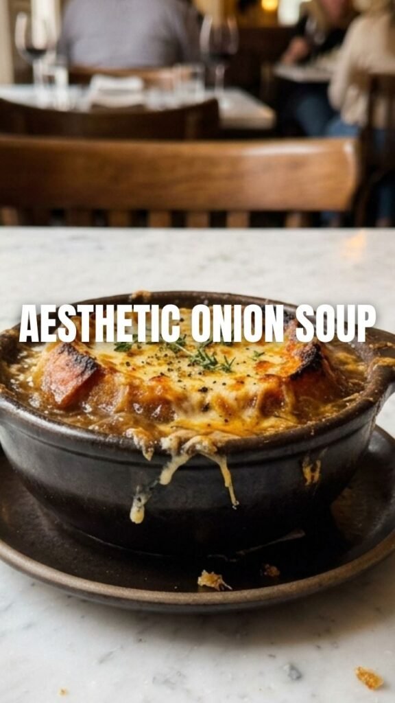 A steaming bowl of French Onion Soup with melted, bubbly cheese on top.