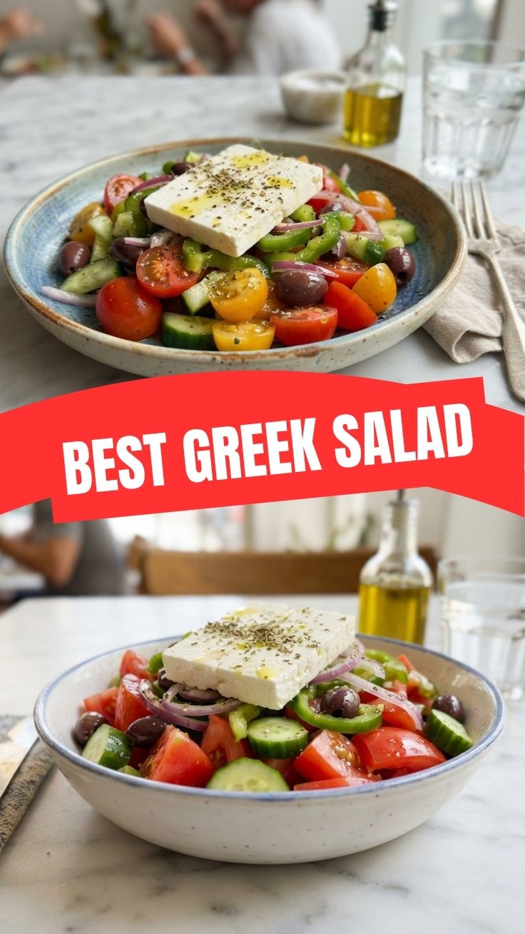 A bowl of fresh Greek salad with feta, olives, and tomatoes