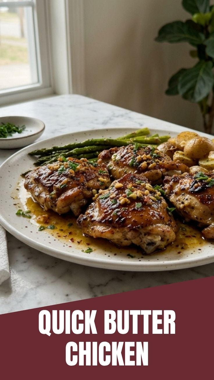 A close-up of perfectly cooked garlic butter chicken with herbs