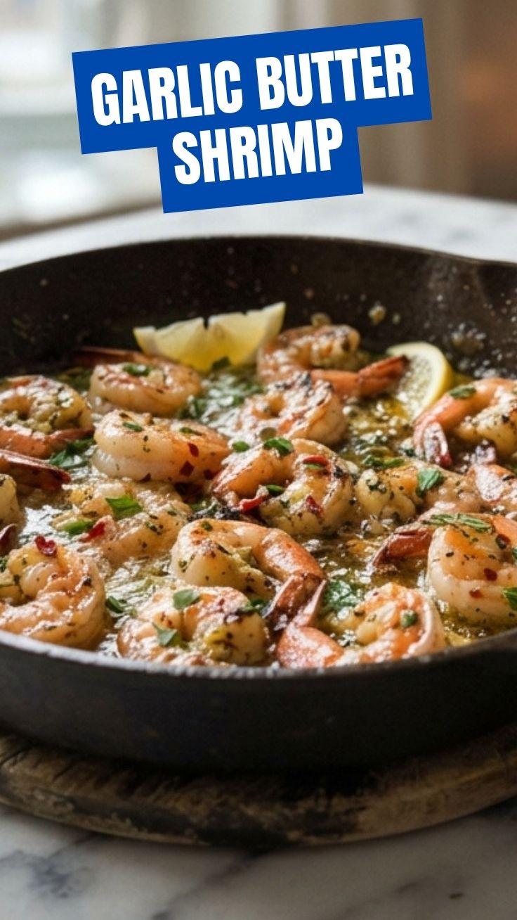 Cooked garlic butter shrimp with herbs in a pan