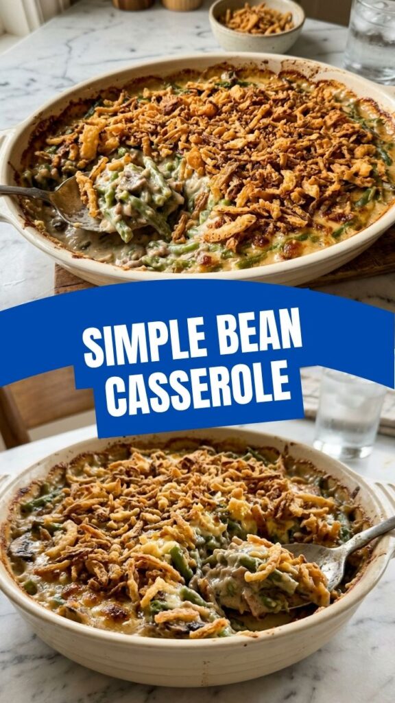 A cozy green bean casserole with crispy fried onions on top.