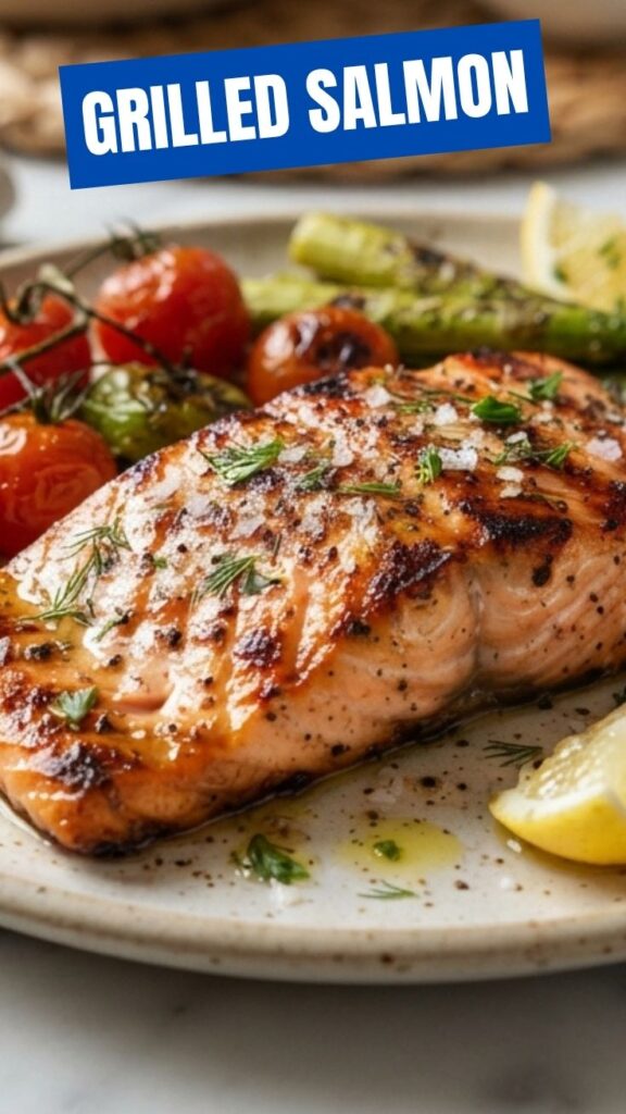A perfectly cooked grilled salmon fillet, flaky and tender.