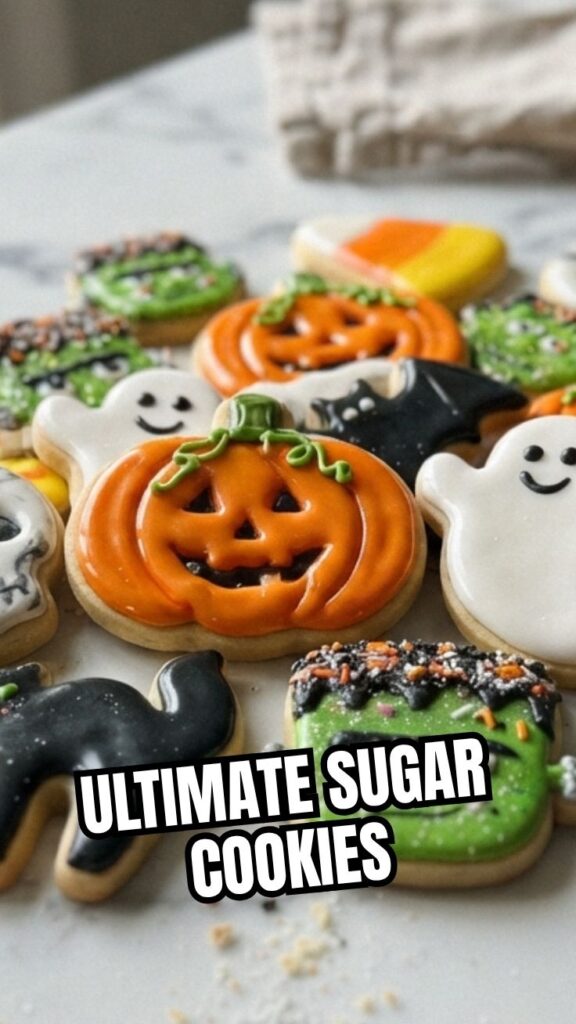 A platter of intricately decorated Halloween sugar cookies with various spooky designs