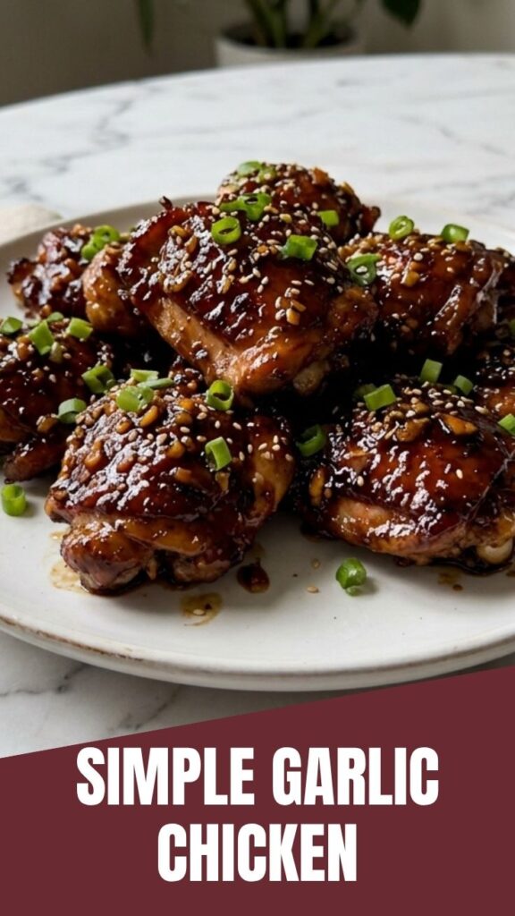 A plate of glistening honey garlic chicken thighs garnished with fresh parsley