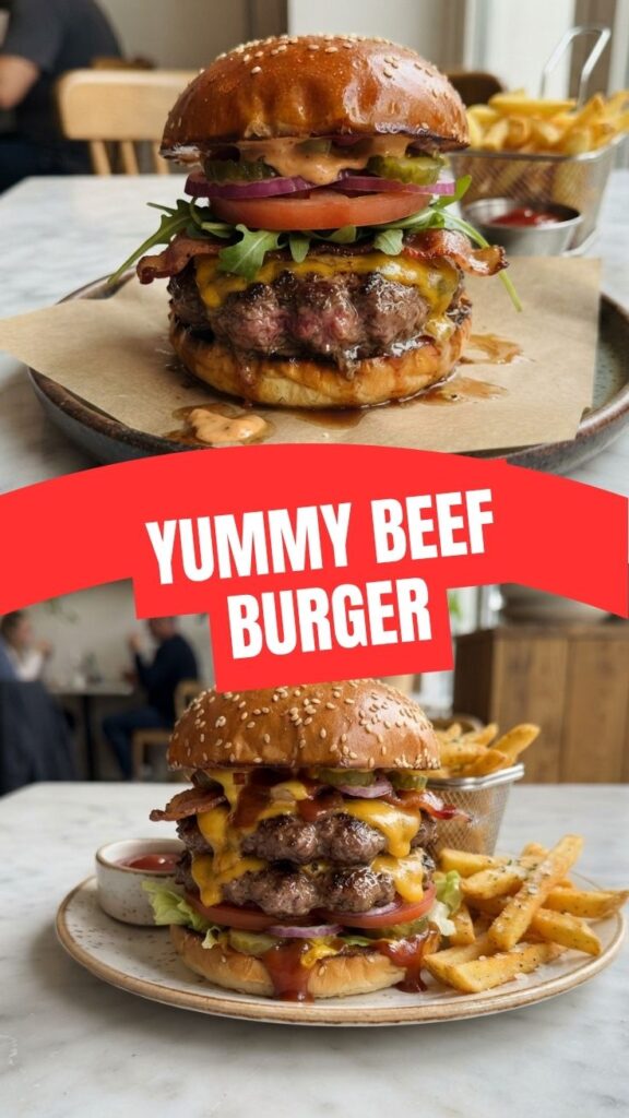 A perfectly cooked beef burger with melted cheese and fresh toppings