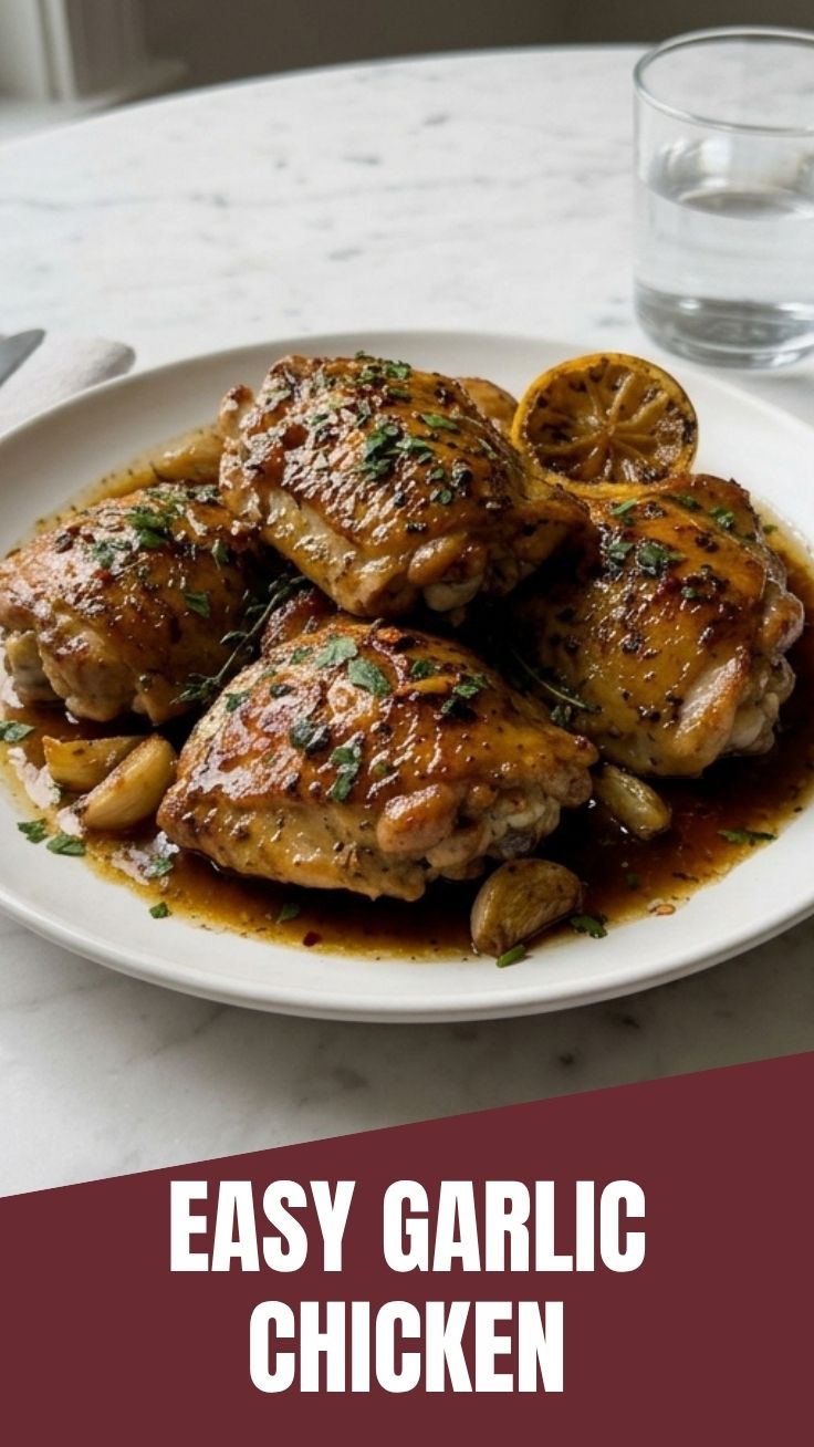 A serving of perfectly cooked lemon garlic chicken with herbs