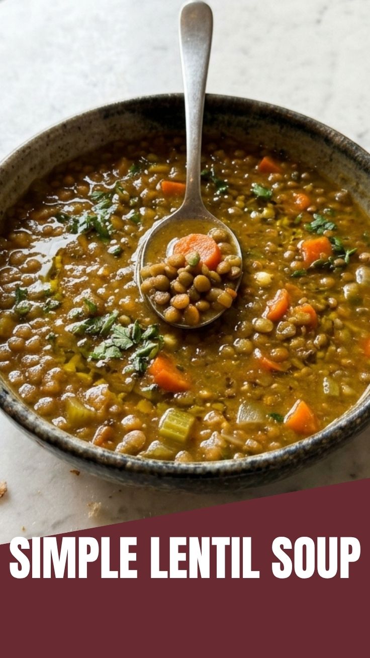 A bowl of hearty lentil soup with fresh herbs.