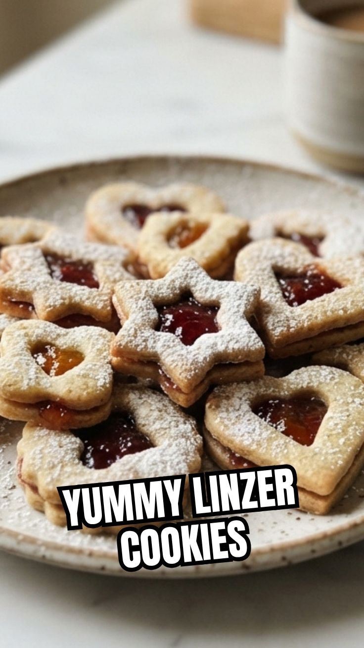 Traditional Linzer cookies dusted with powdered sugar, showcasing the jam filling.