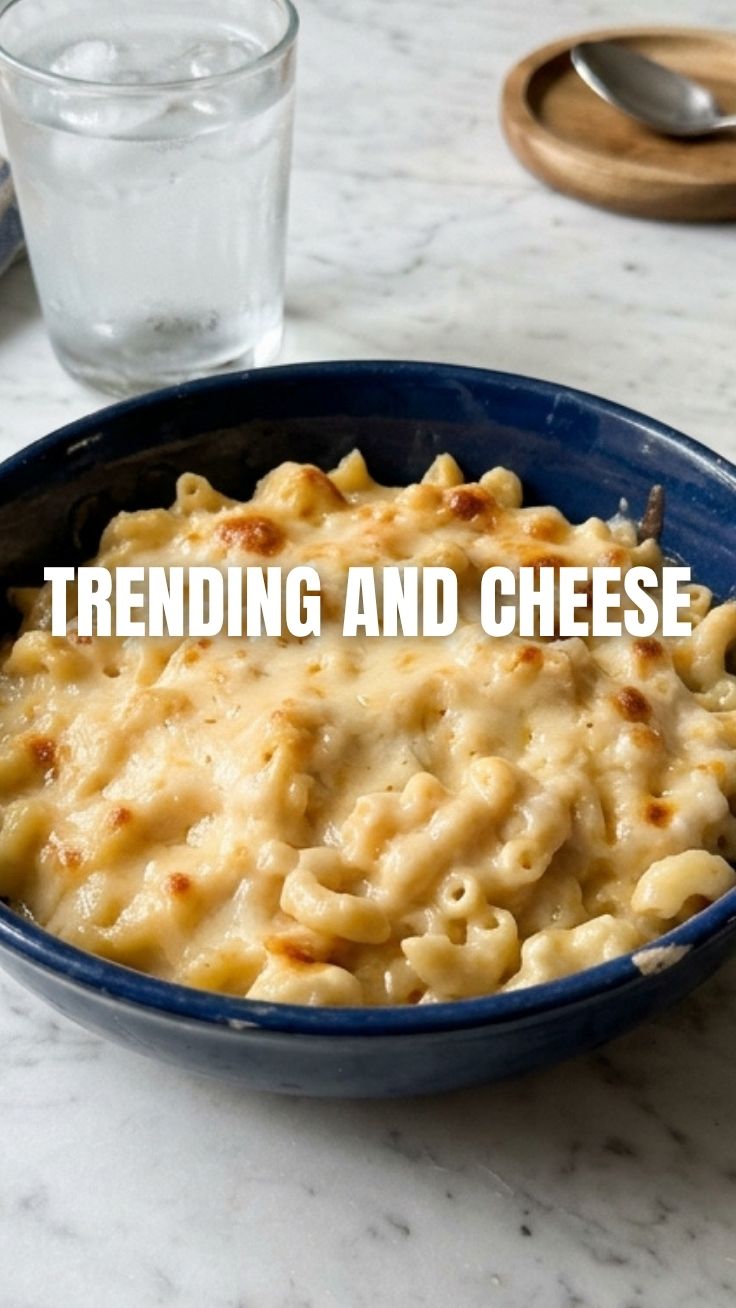 A golden dish of baked mac and cheese with a crispy topping