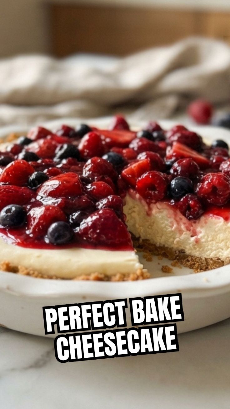 A delicious no bake cheesecake with berry topping on a white platter