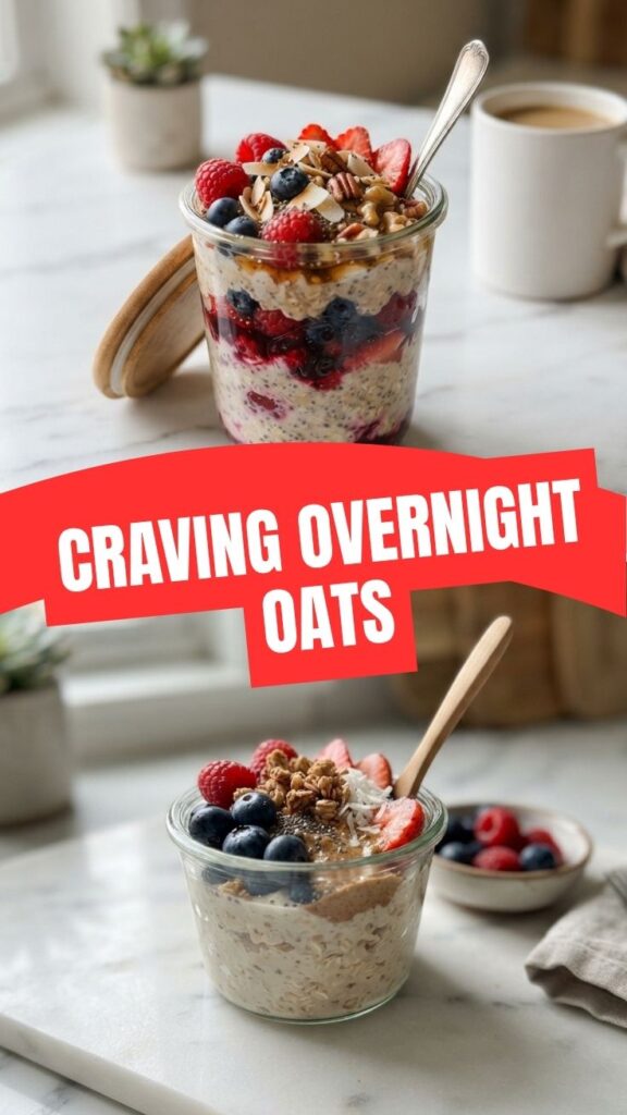 A glass jar filled with overnight oats topped with fresh berries and nuts.