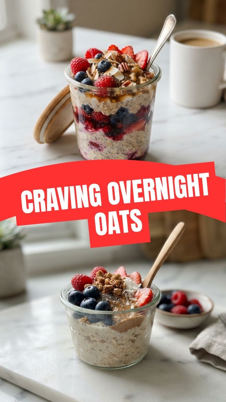 A glass jar filled with overnight oats topped with fresh berries and nuts.