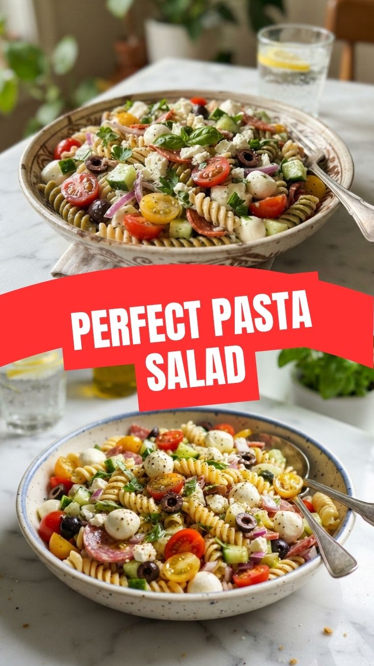 A vibrant pasta salad with mixed vegetables in a large bowl