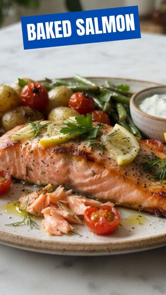 A perfectly baked salmon fillet with crispy skin