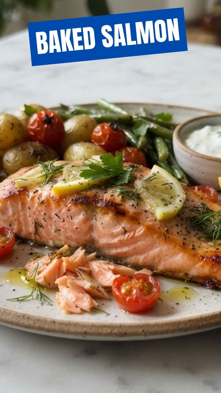 A perfectly baked salmon fillet with crispy skin