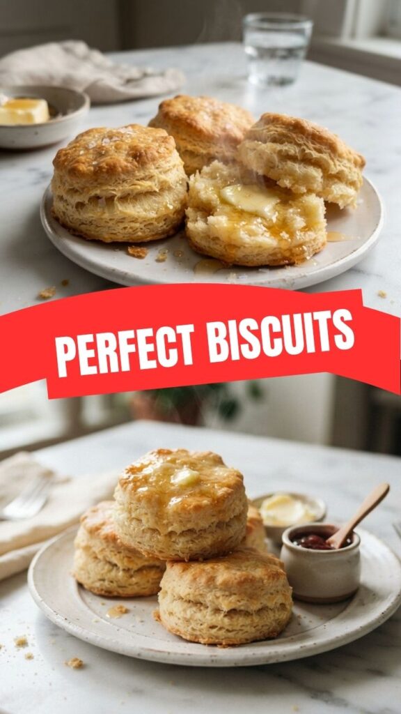 A stack of freshly baked, golden-brown biscuits on a wooden surface.