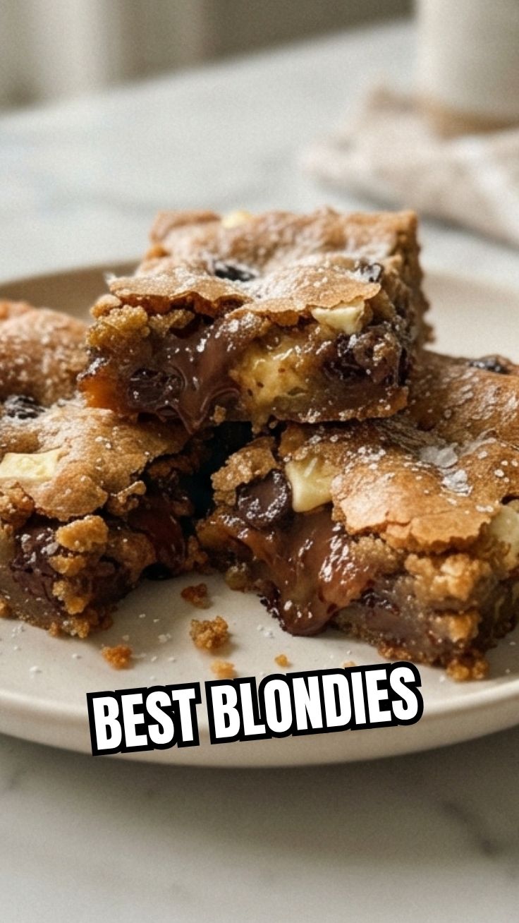 A tray of freshly baked blondies with a golden brown crust.