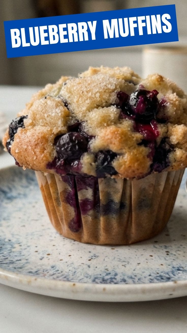 A close-up of freshly baked blueberry muffins with golden tops.