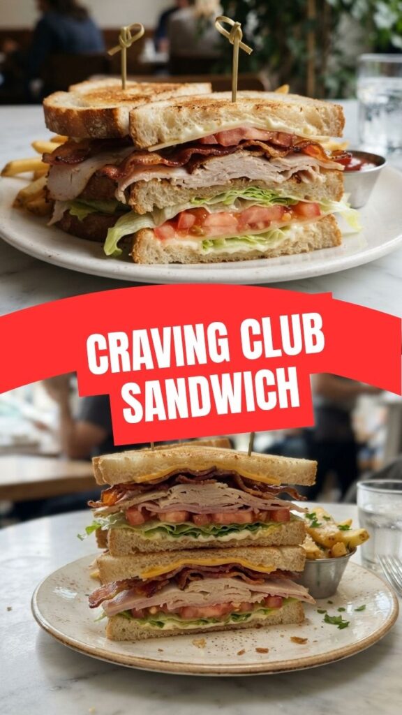 A freshly made club sandwich with multiple layers and fresh ingredients
