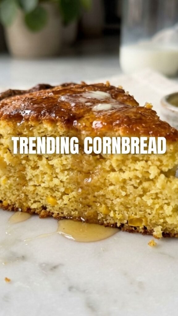 A perfectly baked golden brown cornbread in a cast-iron skillet