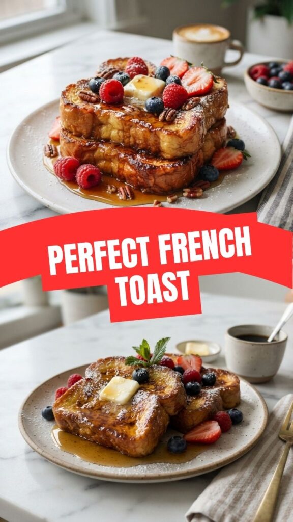 A stack of perfectly cooked French toast, golden brown and garnished with powdered sugar.