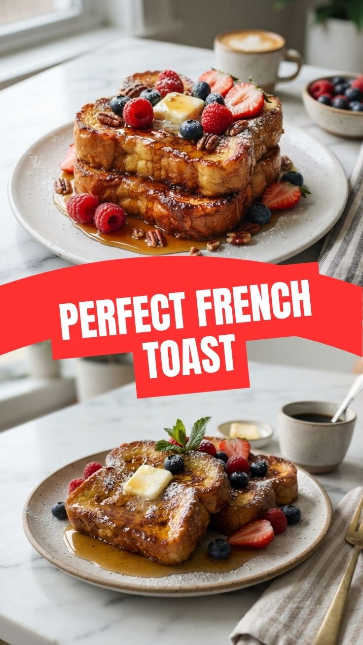 A stack of perfectly cooked French toast, golden brown and garnished with powdered sugar.