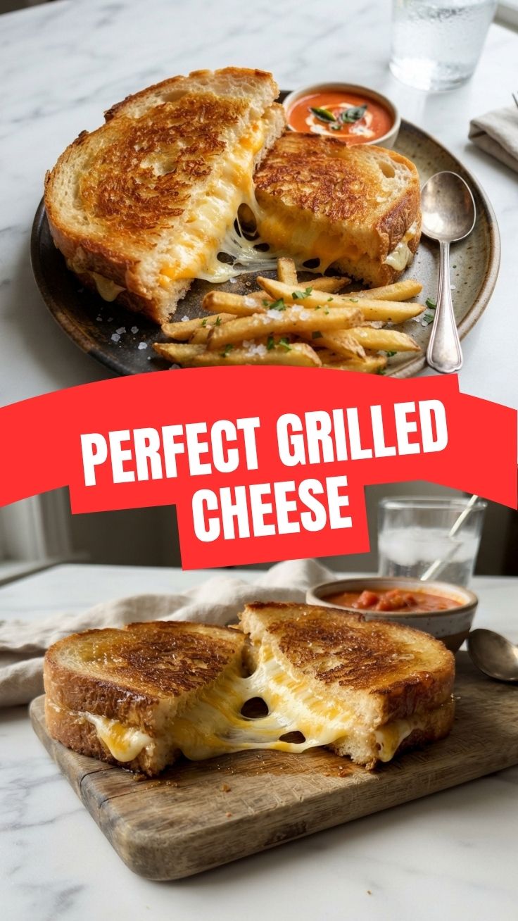 A perfectly golden and crispy grilled cheese sandwich cut in half, showing melted cheese.