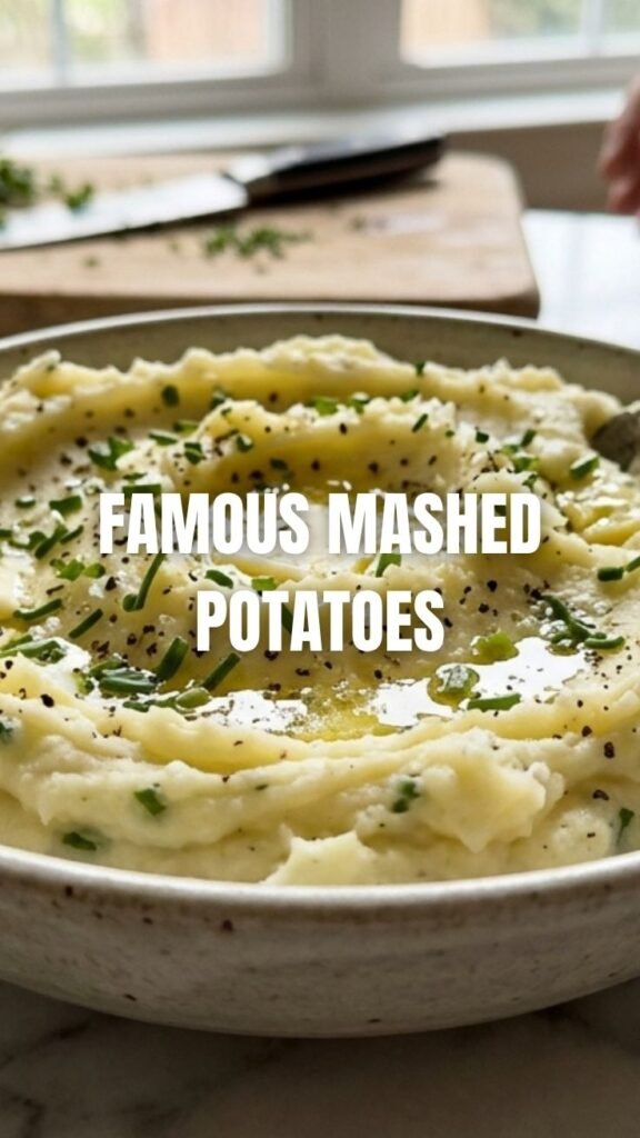 A bowl of perfectly smooth mashed potatoes, ready to serve.