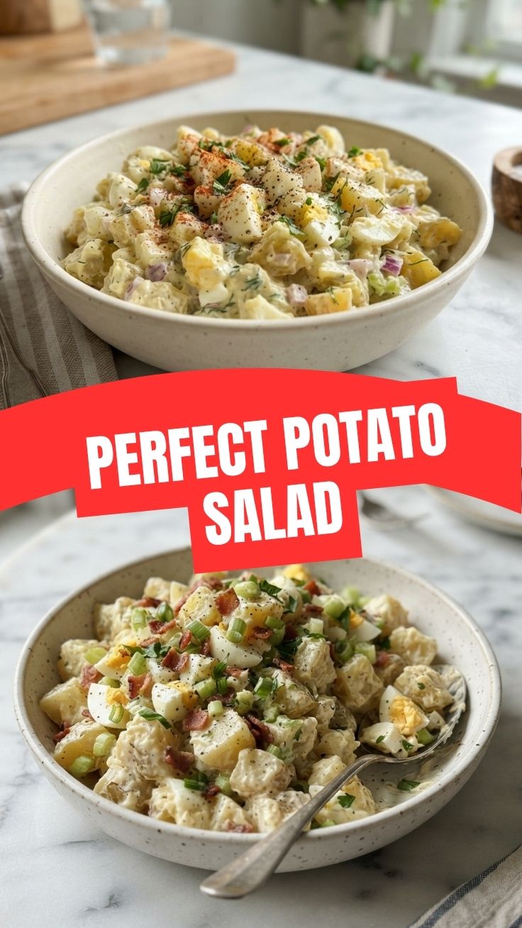 A bowl of perfect potato salad, garnished for serving.