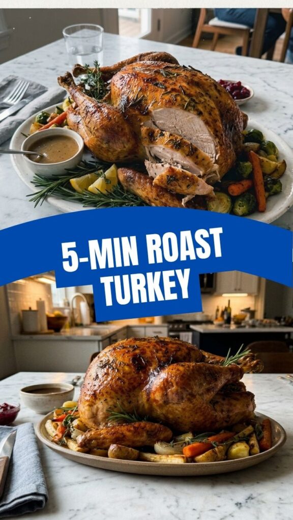 A whole roasted turkey, golden-brown and glistening, on a serving platter.