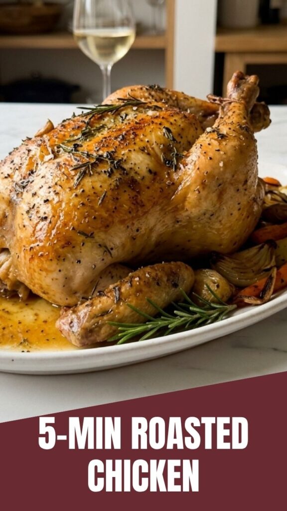 A perfectly golden-brown whole roasted chicken ready to serve.