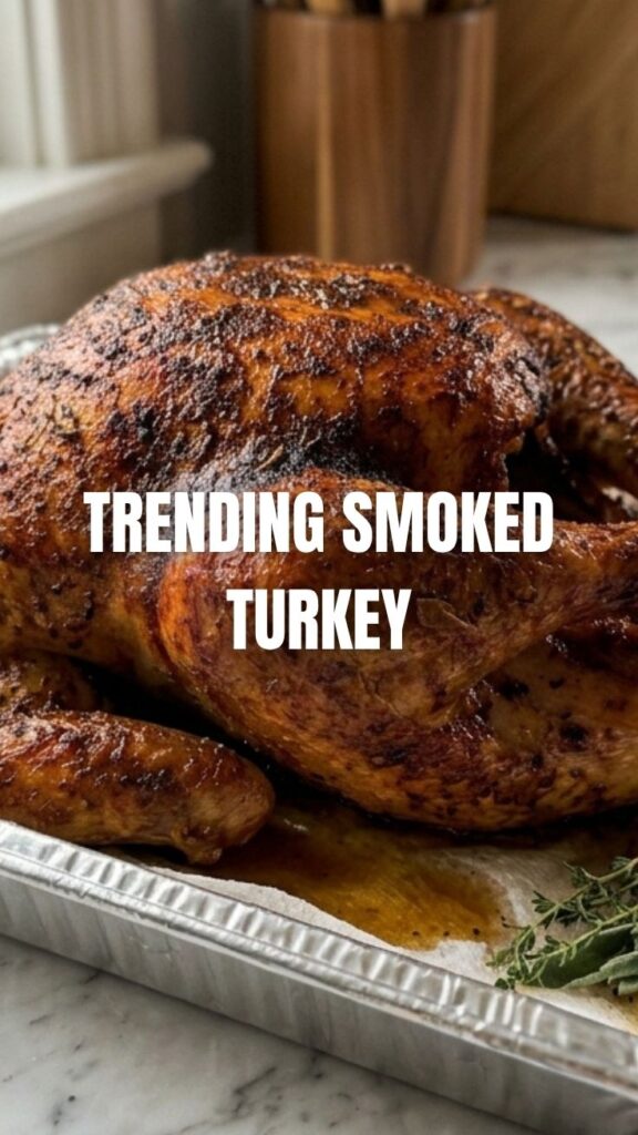 A whole, perfectly cooked smoked turkey, golden brown and moist.