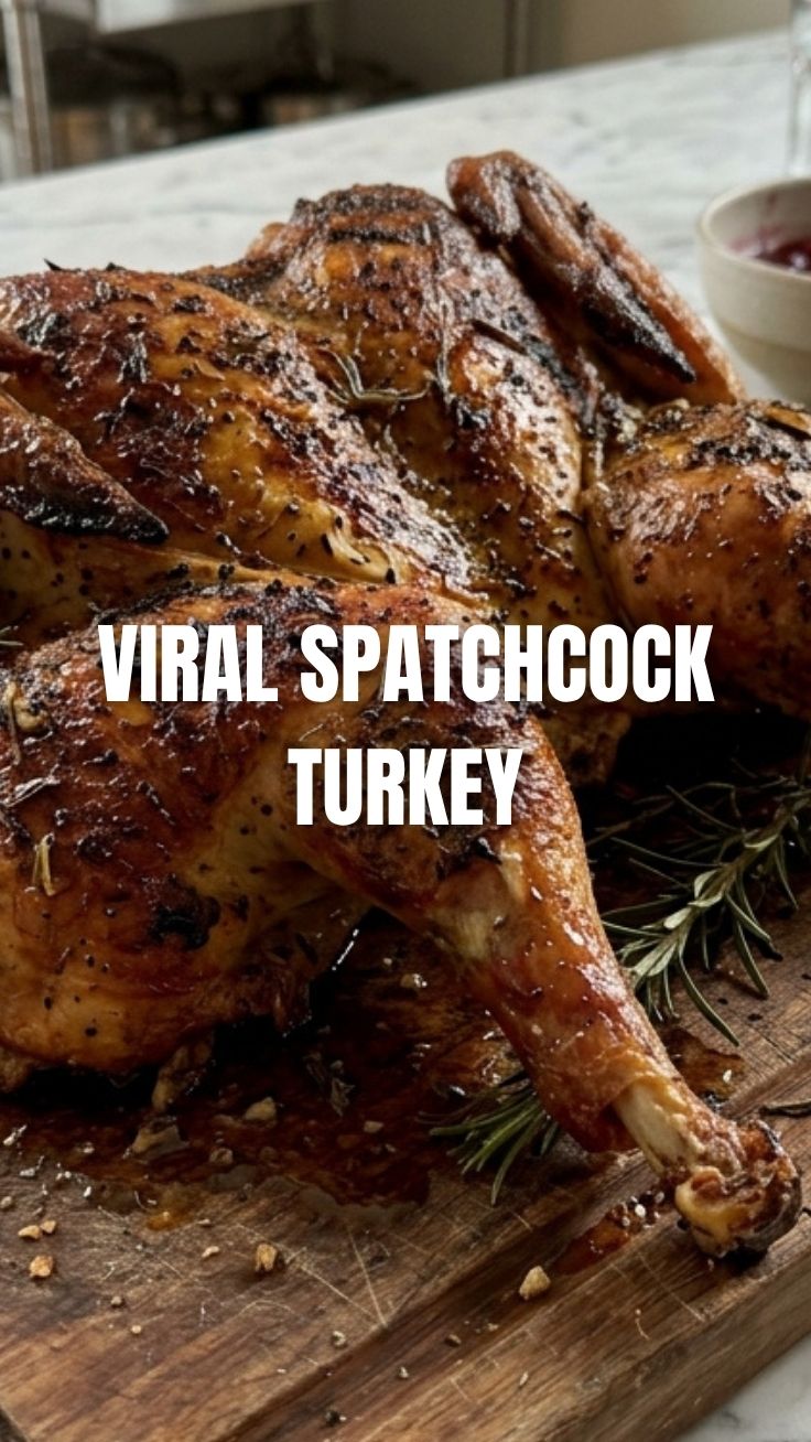 A perfectly roasted golden-brown spatchcock turkey, ready to serve.
