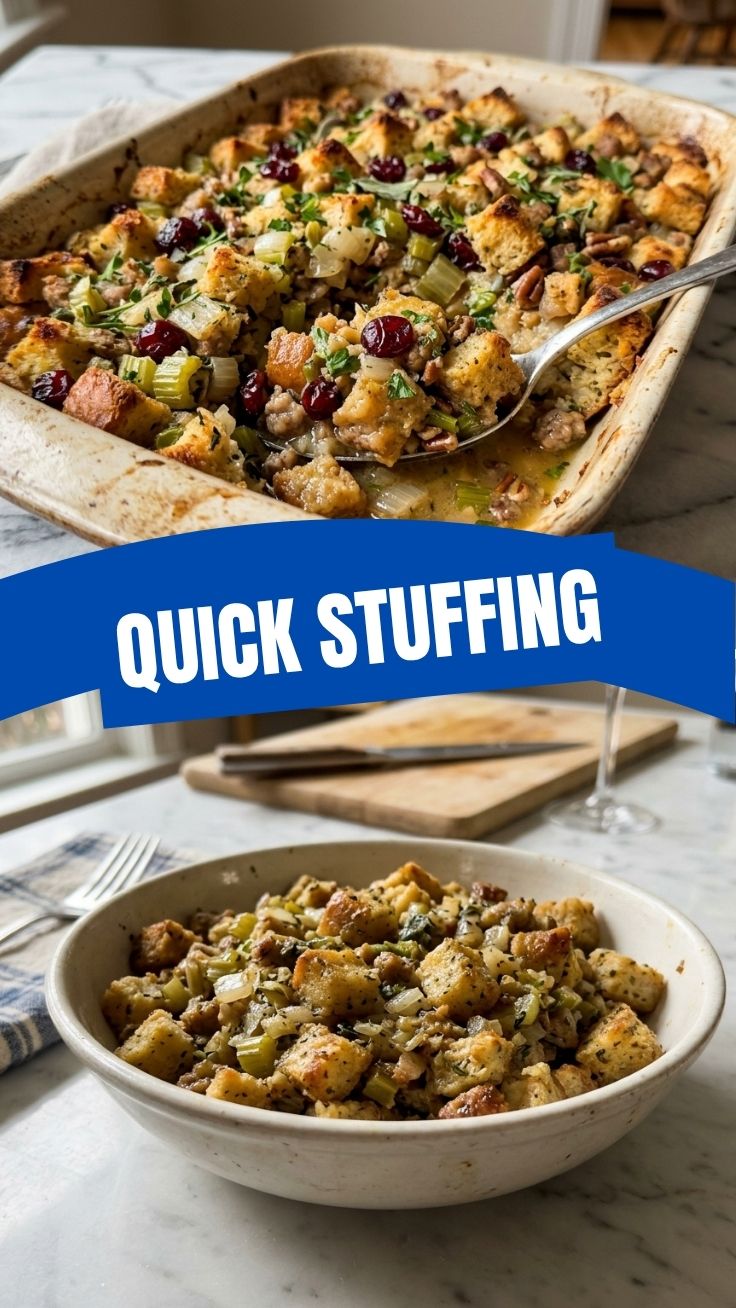 A close-up of a golden-brown, baked stuffing dish with herbs and visible bread pieces.