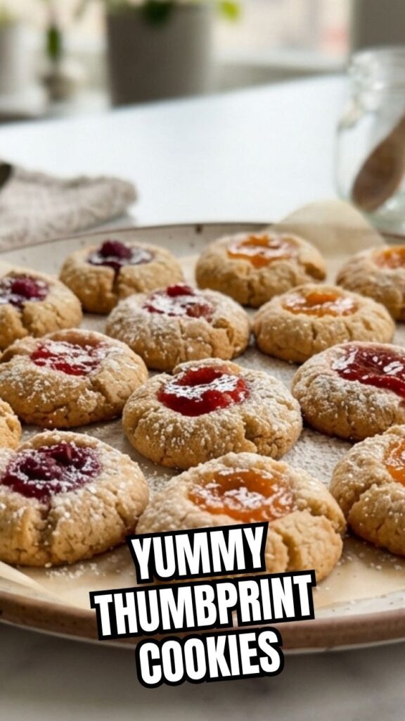 A plate of classic thumbprint cookies with jam centers.