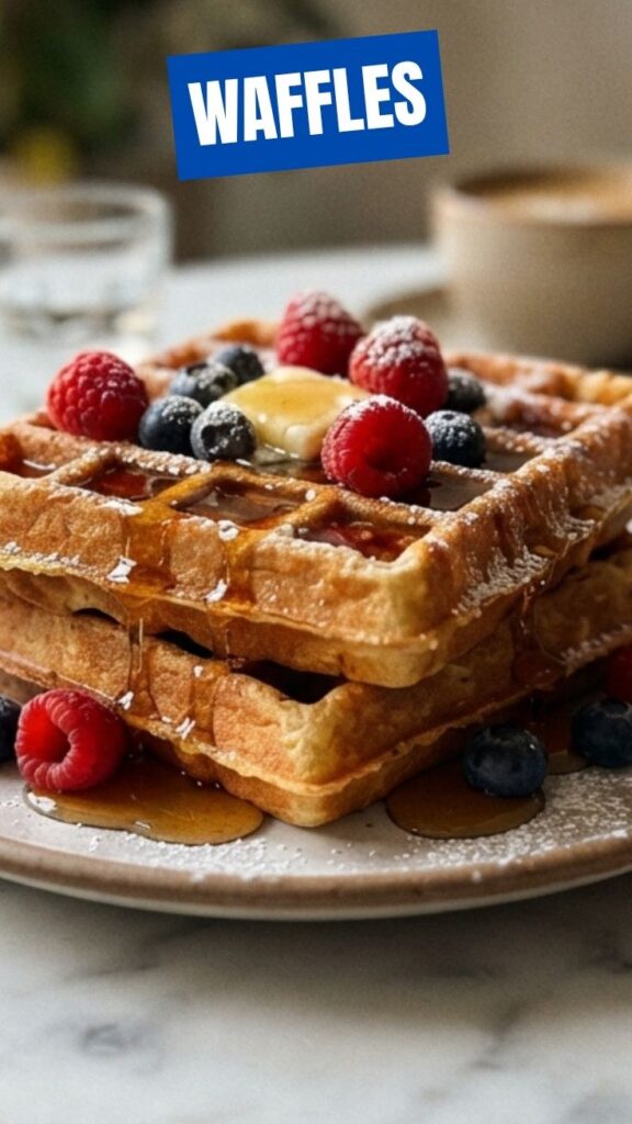 Freshly made waffles, golden brown and fluffy on a plate