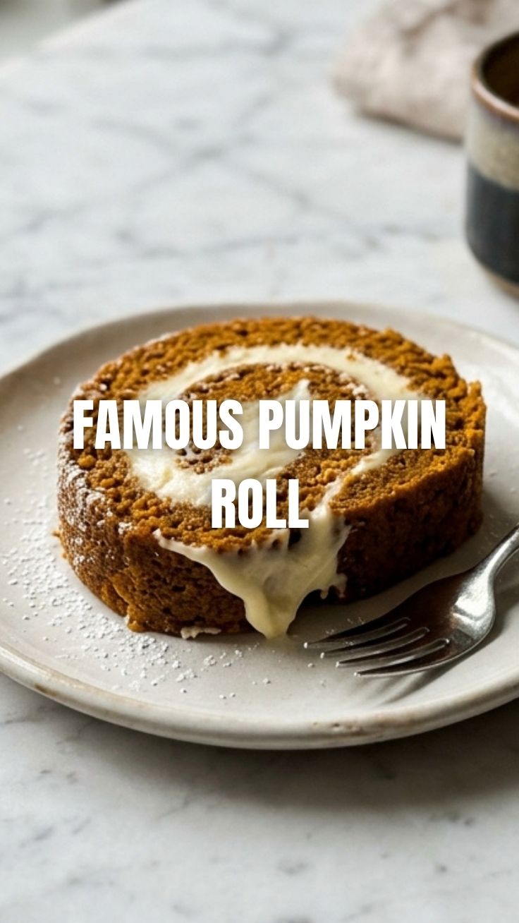 A freshly baked pumpkin roll with cream cheese frosting, sliced and ready to serve.