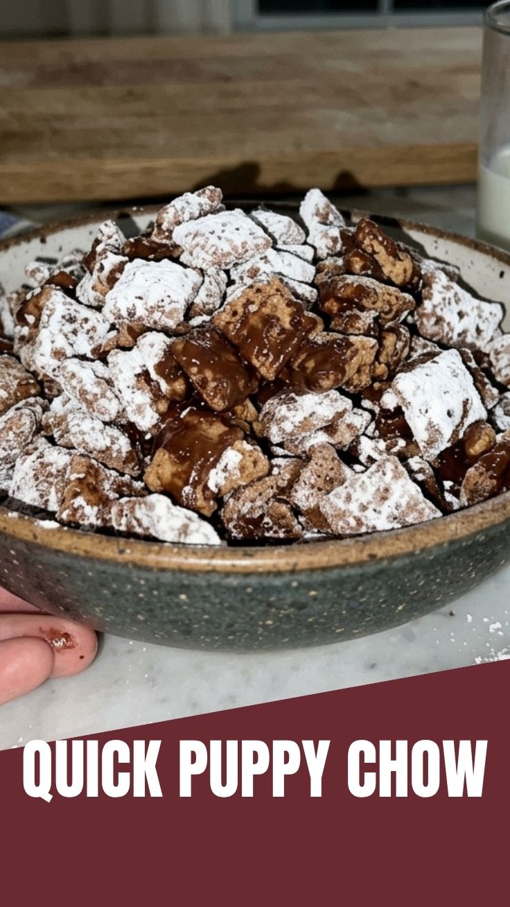 A bowl of delicious Puppy Chow, a sweet and crunchy snack mix.